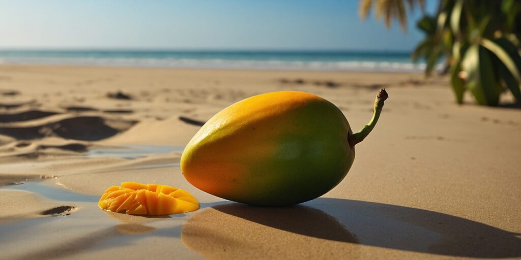 Image d'une coupe de mangue et d'une orange sur un fond tropical avec du sable et des palmiers